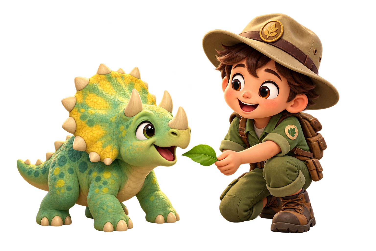 Smiling park ranger feeding a tiny triceratops